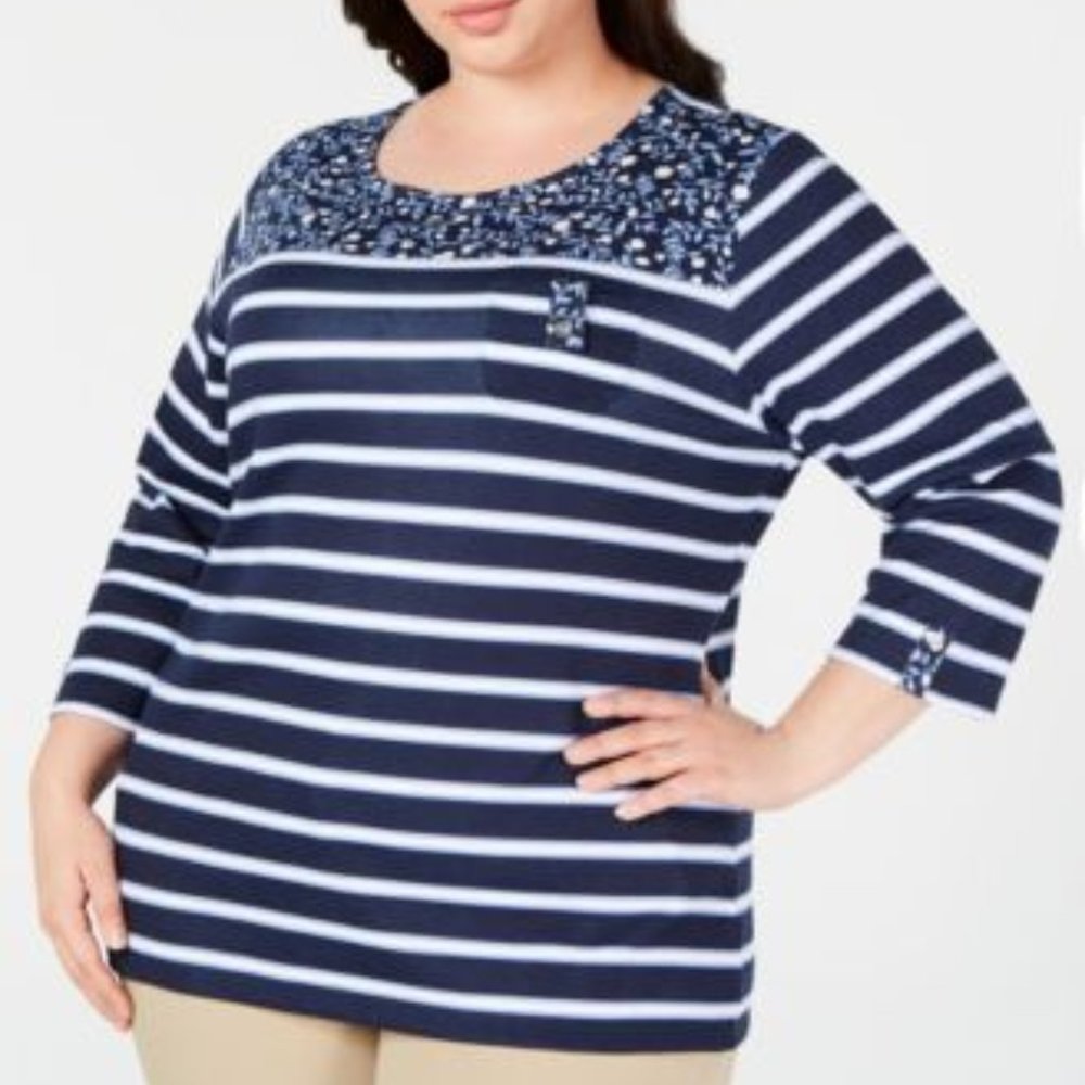 Karen Scott 3/4 Ditsy Stripe Scoop Neck Blouse